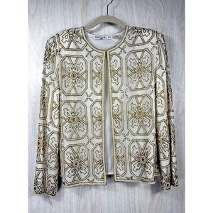 Vintage Scalia Silk Beaded Evening Jacket Blazer Small Cream Gold Formal Chic